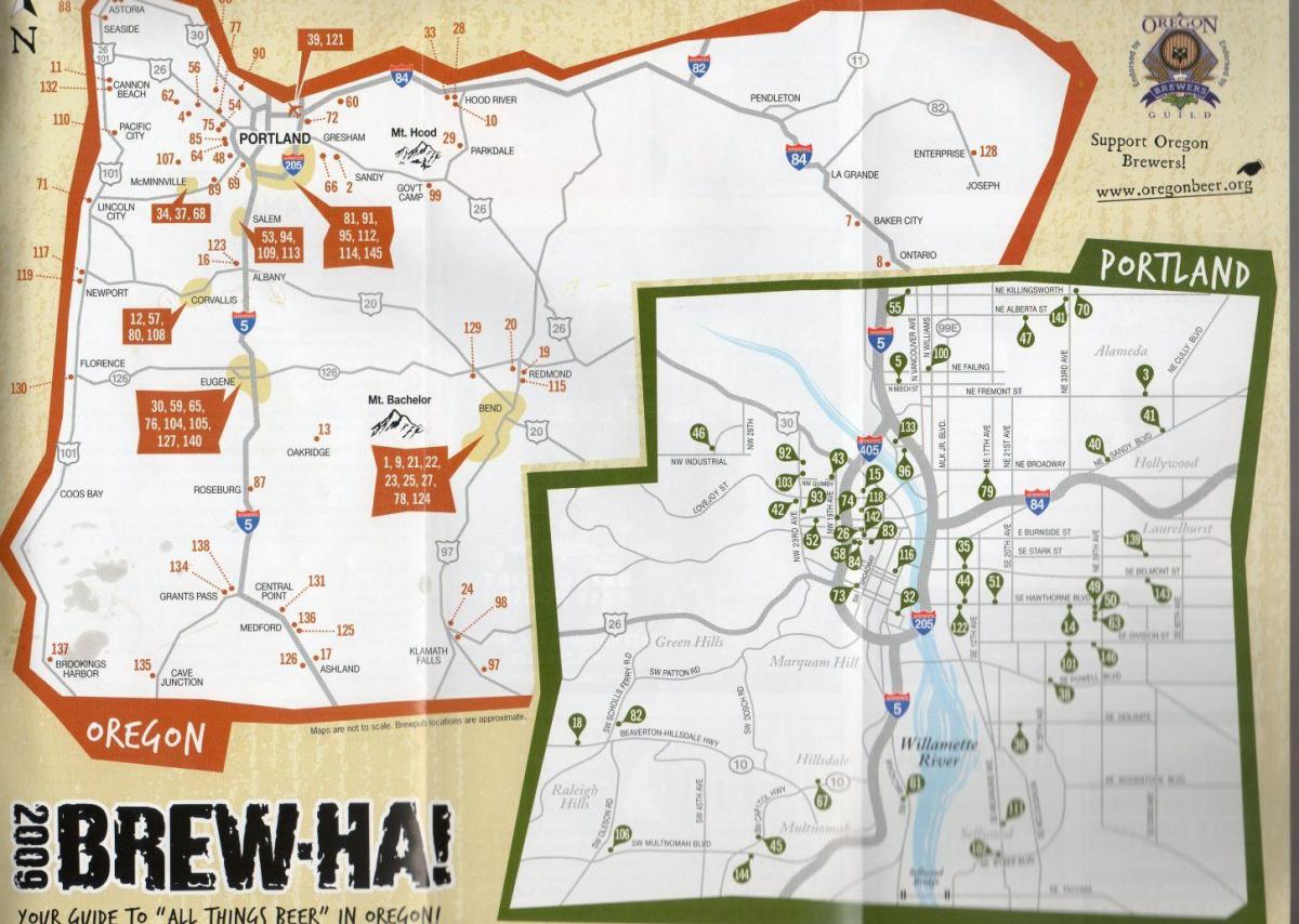 karta över bryggerier i Portland, Oregon 