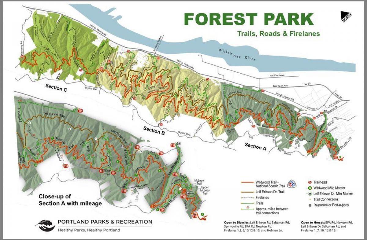 karta över Forest Park i Portland i Oregon